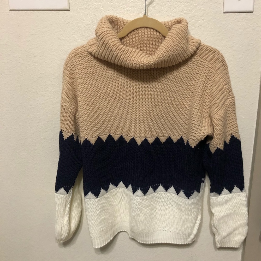 Tan, Navy, White cowl sweater